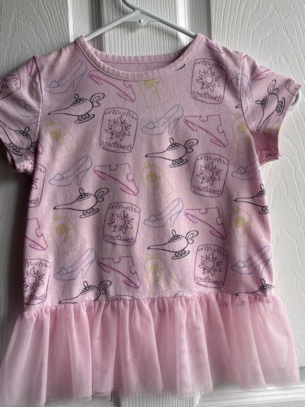 👑Disney Princess Girls 5 Pink Graphic Crew Neck Tulle Peplum Tee